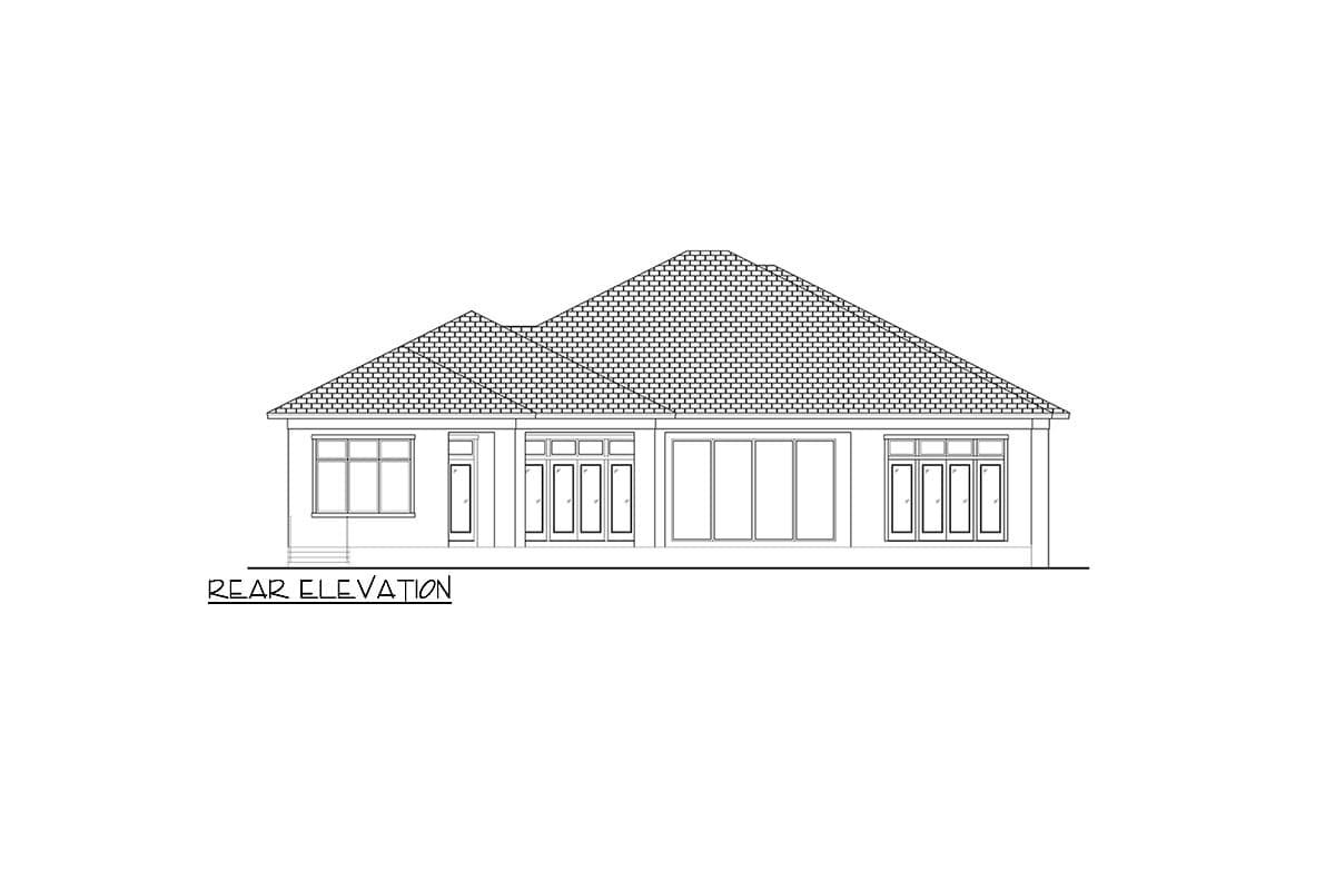 Rear elevation house plan showing a single-story structure with a hipped roof, multiple large windows, and French doors.