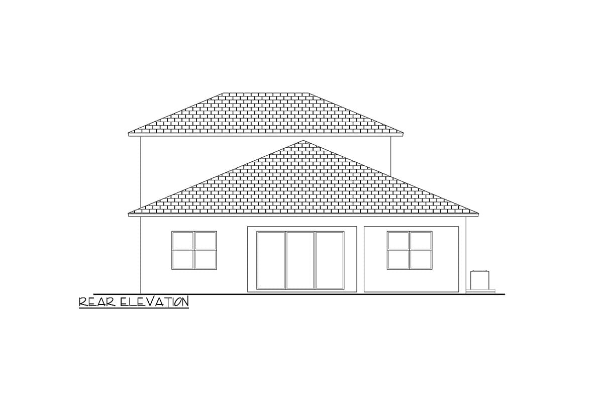 Rear elevation drawing of a two-story house with two gabled roofs, sliding doors, and two windows.