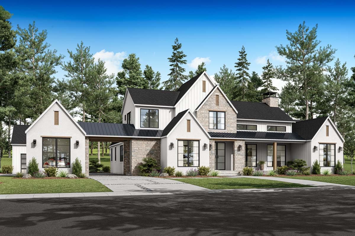 Modern farmhouse exterior with stone accents, gables, and a covered carport.