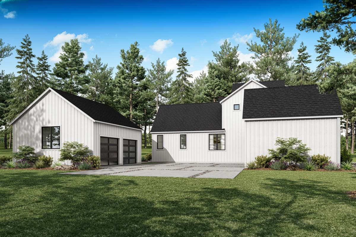 Modern farmhouse house plan exterior with white vertical siding, black roof, and a two-car garage.
