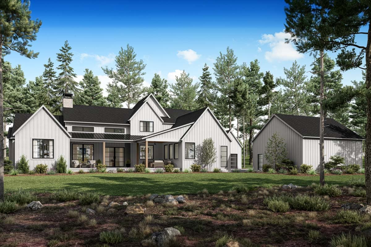 Modern Farmhouse house plan exterior with gables, a covered porch, and attached garage.
