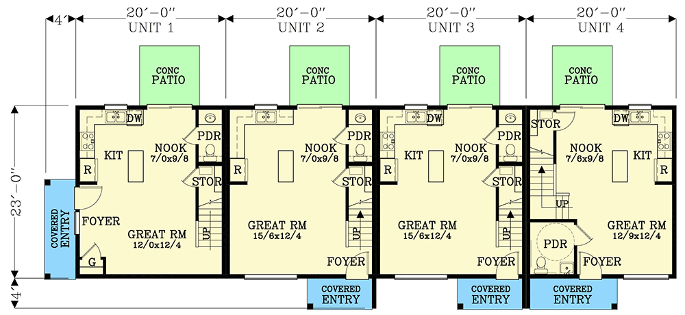 Plan 28145J: Fourplex House Plan with 871 Square Foot 2 Bed 1.5 Bath Units - Architectural Designs - Floor Plan - Main Level - Contemporary, Mid Century Modern, Modern