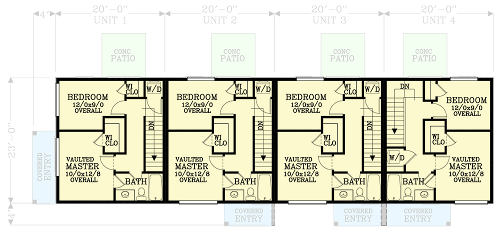 Plan 28145J: Fourplex House Plan with 871 Square Foot 2 Bed 1.5 Bath Units - Architectural Designs - Floor Plan - 2nd Floor - Contemporary, Mid Century Modern, Modern