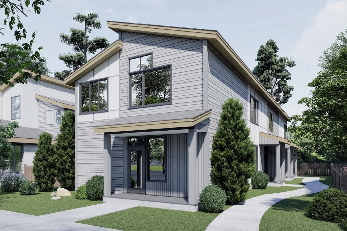 House plan exterior shows a two-story modern house with a shed roof, a covered porch, and horizontal siding. Two houses are shown.