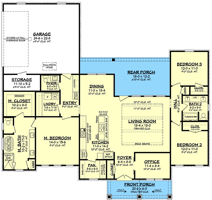 Plan 51954HZ: 3-Bed Craftsman Cottage House Plan with Home Office - 2065 Sq Ft - Floor Plan - Main Level - Cottage, Country, Craftsman, Modern Farmhouse, New American, Rustic