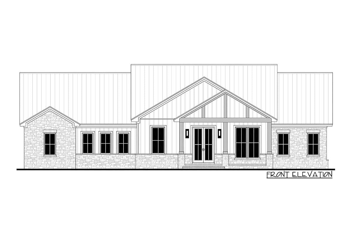 Front elevation drawing of a single-story house with stone accents, a gabled entry porch, and vertical siding.
