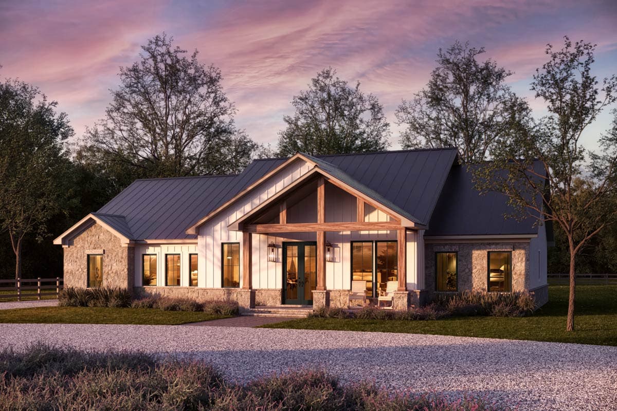 House plan exterior: Modern Farmhouse style, one story, with stone and board-and-batten siding, metal roof, and exposed wood beams.