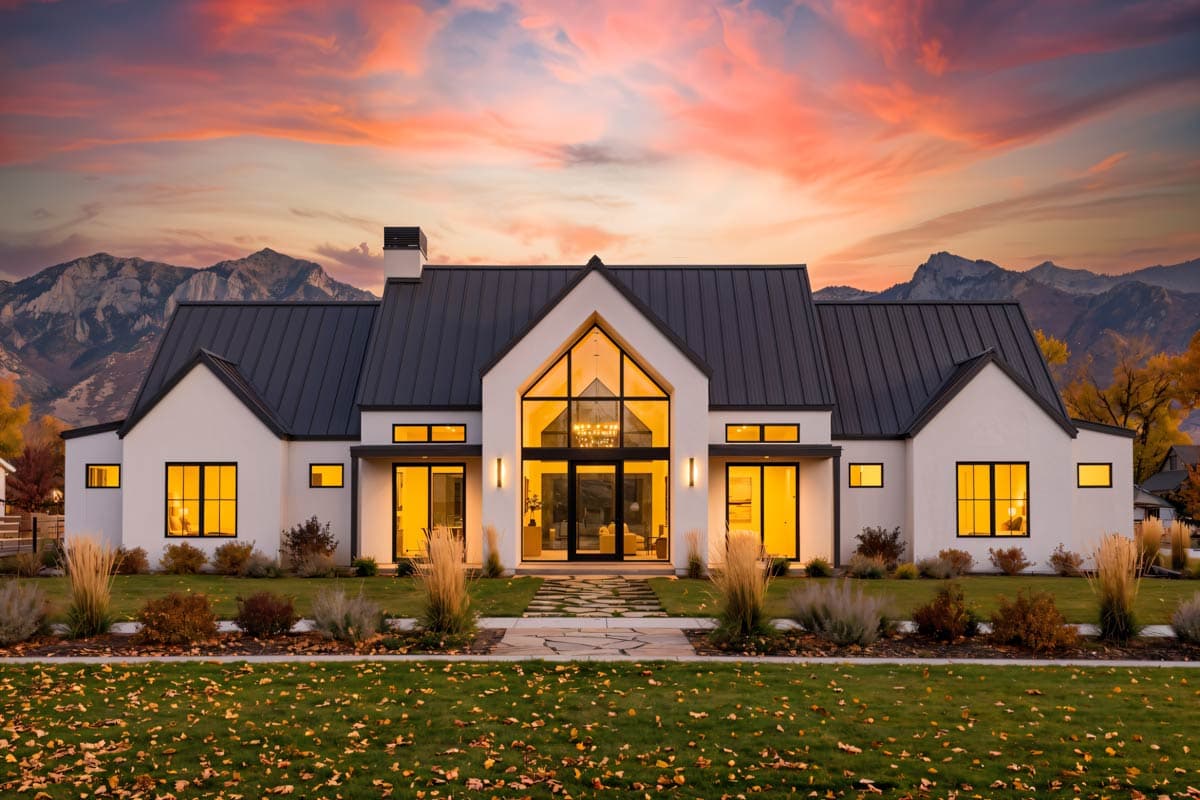 Modern Farmhouse style house plan exterior with black metal roof, central gabled entryway with large windows, and flanking wings.