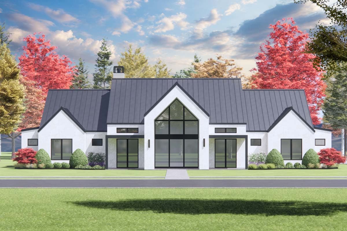 Modern farmhouse house plan exterior with a gable roof, large picture window, and multiple dormers. Two-story design.