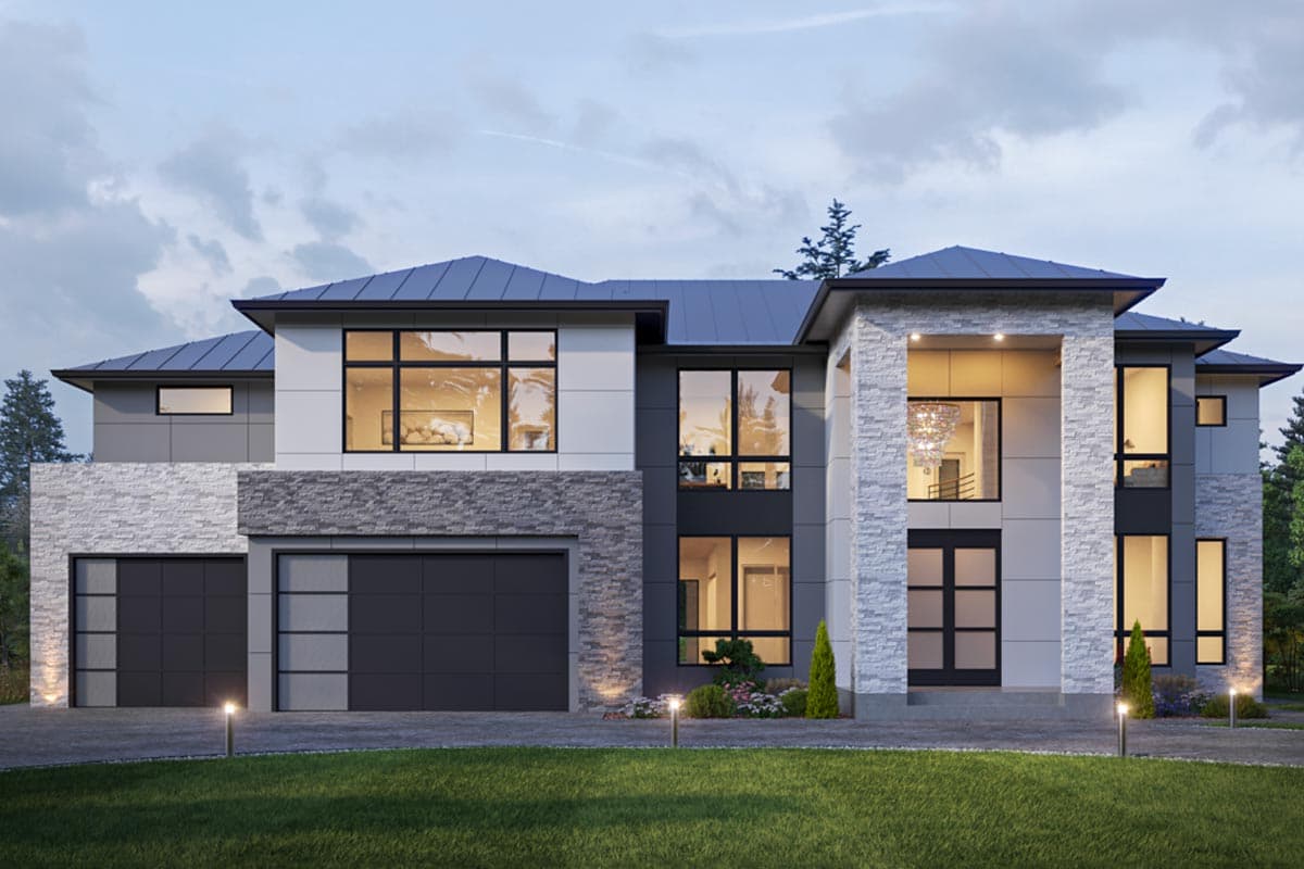 House plan exterior. Two-story modern house with flat roof, large windows, stone facade, and attached garage.