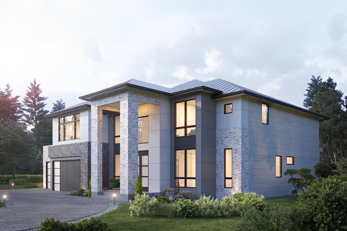 Modern two-story house plan exterior with stone accents, large windows, flat roof, and attached garage.