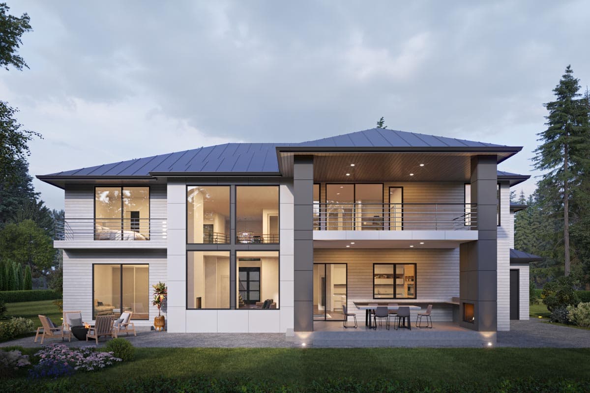 Modern house plan exterior, two stories, with large windows, second-story balcony, and covered patio with outdoor fireplace.