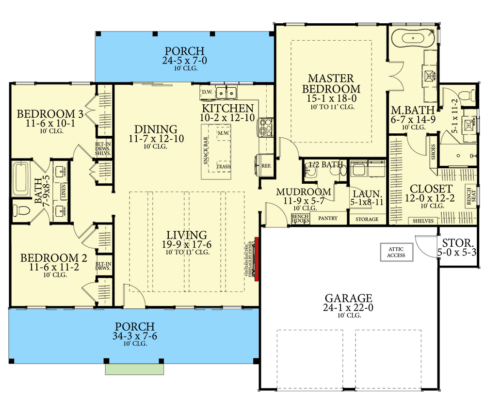 Plan 62162V: 3 Bed Farmhouse with Front and Rear Porches - 1834 Sq Ft - Floor Plan - Main Level - Country, Craftsman, Farmhouse, Traditional