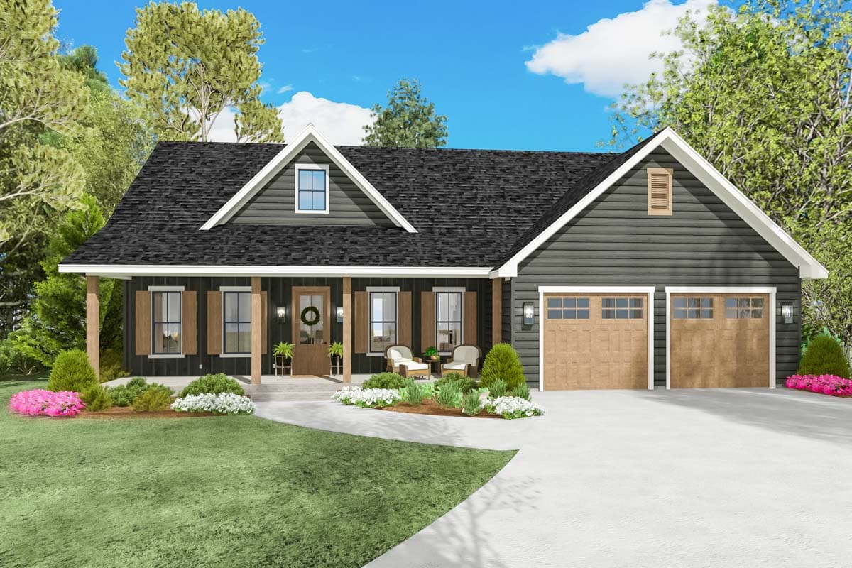 House plan exterior: Ranch style, one story, with a covered front porch, dual gables, and a two-car garage.