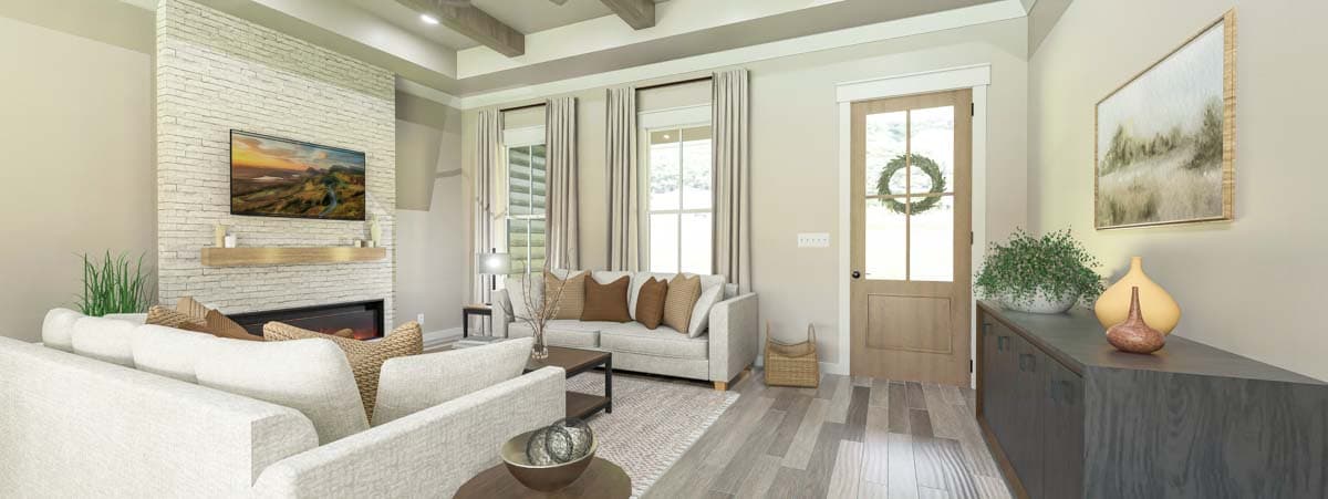Interior rendering of living room with a white brick fireplace, coffered ceiling with wood beams, and a glass-paneled door.