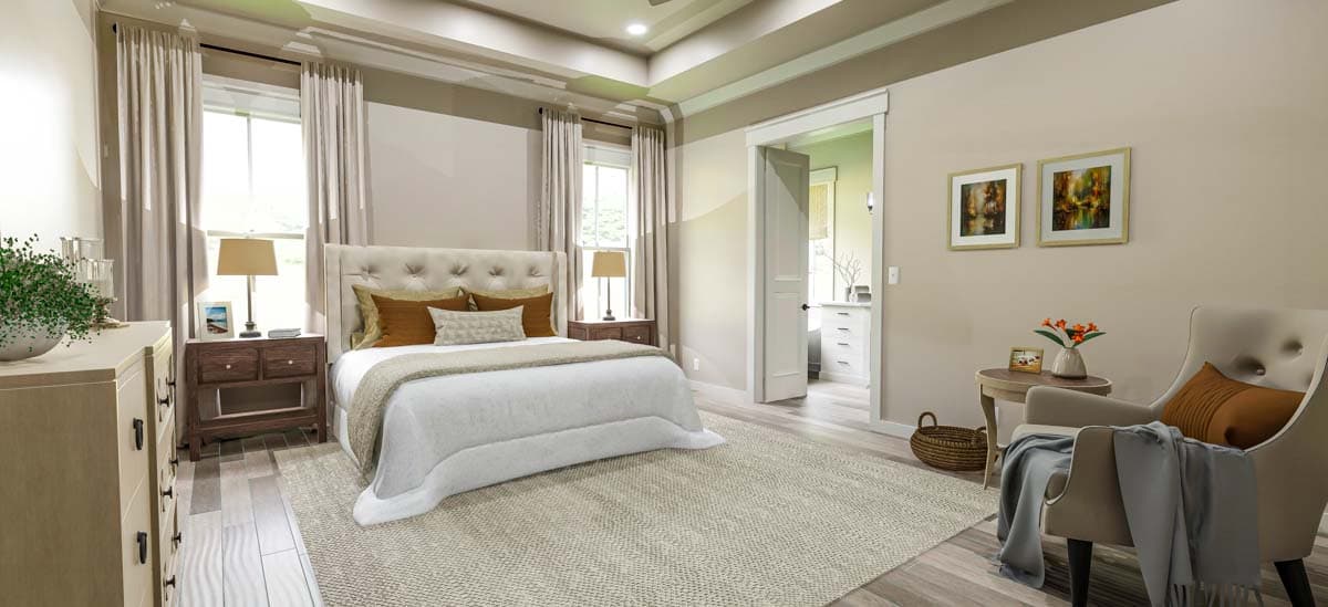 Interior rendering of a bedroom with a tufted headboard, coffered ceiling, and doorway to an ensuite bathroom.