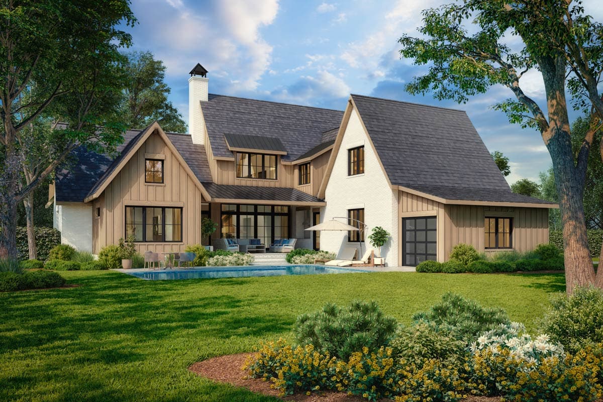 Modern Farmhouse style house plan exterior with two stories, gables, dormers, white brick and wood siding, and attached garage.