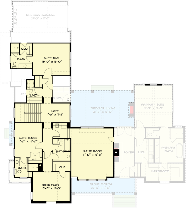 Plan 93205EL: 4-Bed 2-Story House Plan with Upstairs Laundry and Game Room - 3752 Sq Ft - Floor Plan - 2nd Floor - Country, Farmhouse, New American, Traditional, Transitional