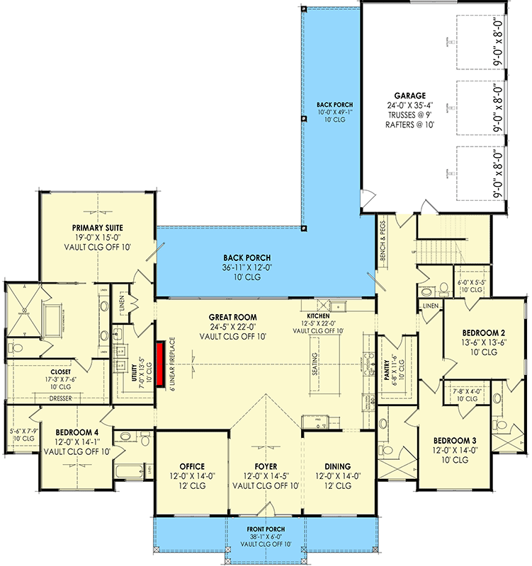 Plan 818107JSS: Balanced Farmhouse Plan with Vaulted Entry Porch - 3641 Sq Ft - Floor Plan - Main Level - Country, Farmhouse, Traditional