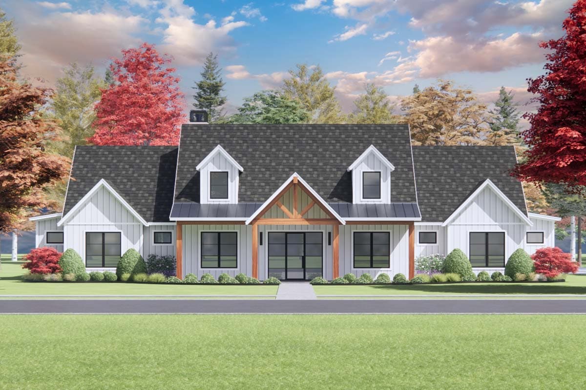 House plan exterior rendering. Modern farmhouse style with gabled roof, two dormers, and front porch with exposed beams.