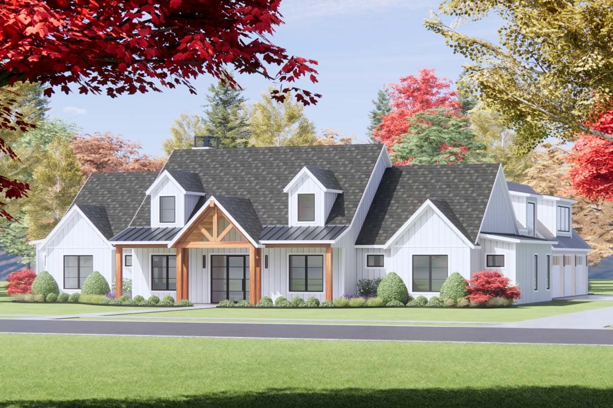 Modern Farmhouse house plan exterior, two stories, white board and batten siding, gables, dormers, and exposed wood beams.