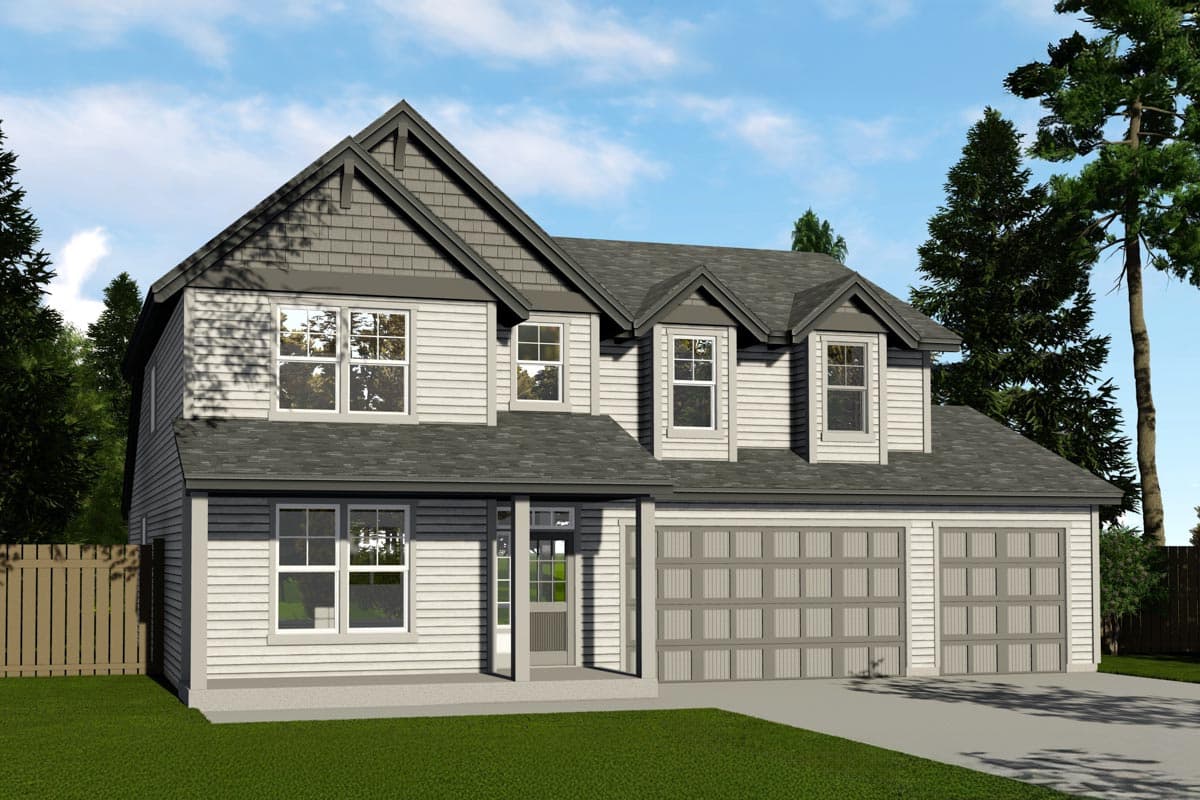 House plan exterior. Two-story home with Craftsman style. Features include gabled roof, dormers, and a two-car garage. Porch present.