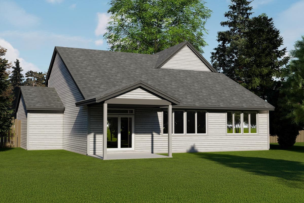 House plan exterior showing a one-story modern farmhouse with a covered porch, gables, and horizontal siding.