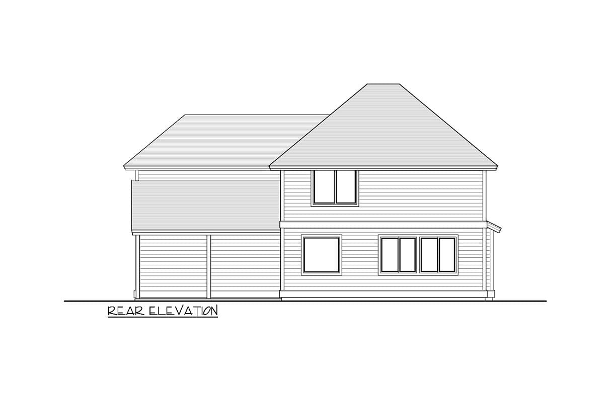 Rear elevation drawing of a two-story house plan with a hip roof, siding, and attached garage.