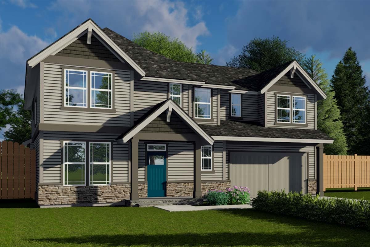 House plan exterior. Two-story Craftsman style home with gabled roof, dormers, and an attached two-car garage. Features stone veneer on lower facade.