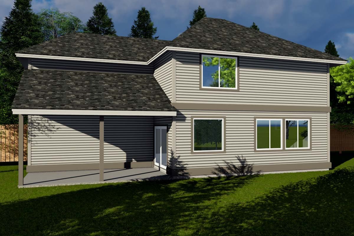 House plan exterior: two-story home with covered porch, gable roof, and horizontal siding.