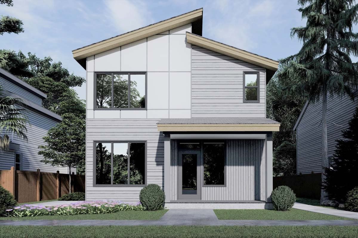 House plan exterior with two stories, modern style, featuring a shed roof, contrasting siding, and a covered entry porch.