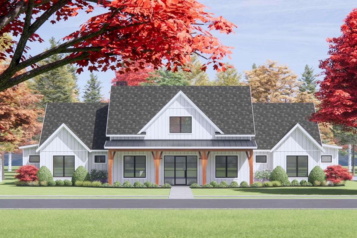 House plan exterior. Modern farmhouse style, one-story. Features include gabled rooflines, a covered porch with timber supports, and multiple dormers.