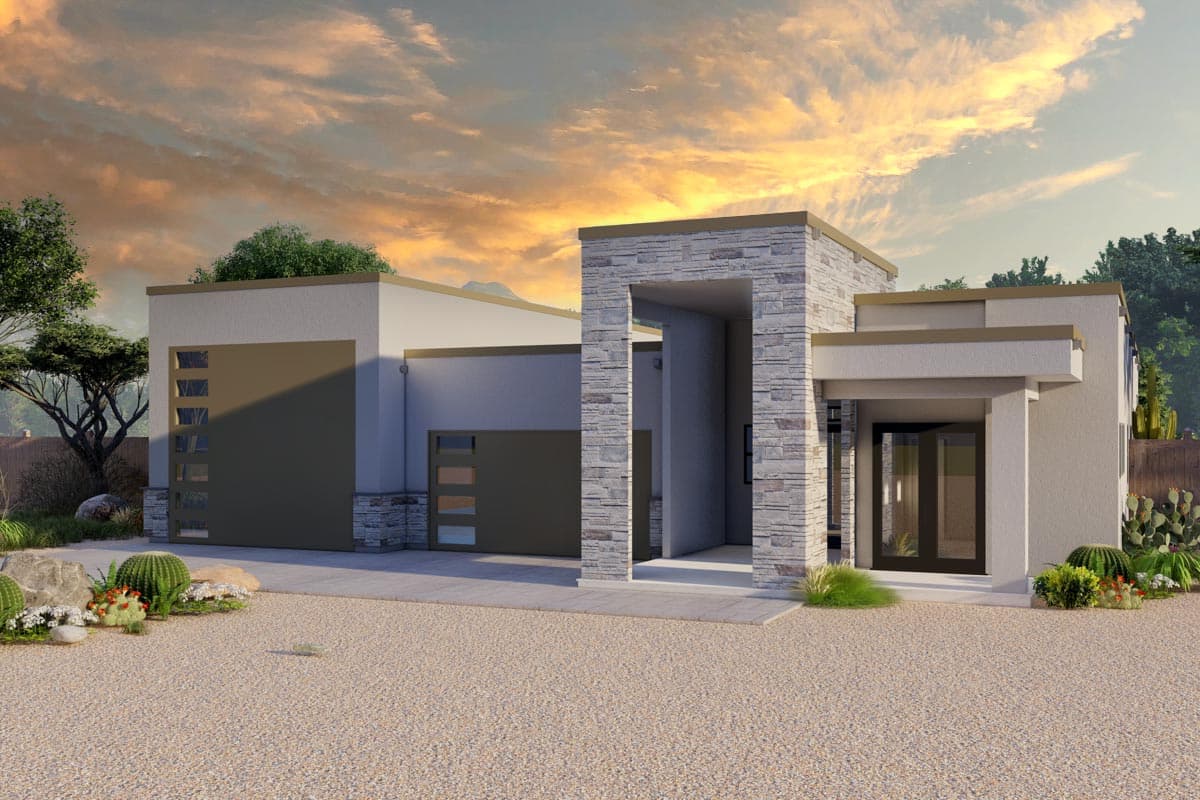 House plan exterior. Modern style, one story, featuring a flat roof, stone accents, and a covered entry. Garage is front-facing.