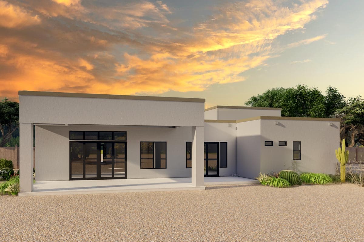Modern house plan exterior: one story, flat roof, covered patio, large windows, and minimalist facade.