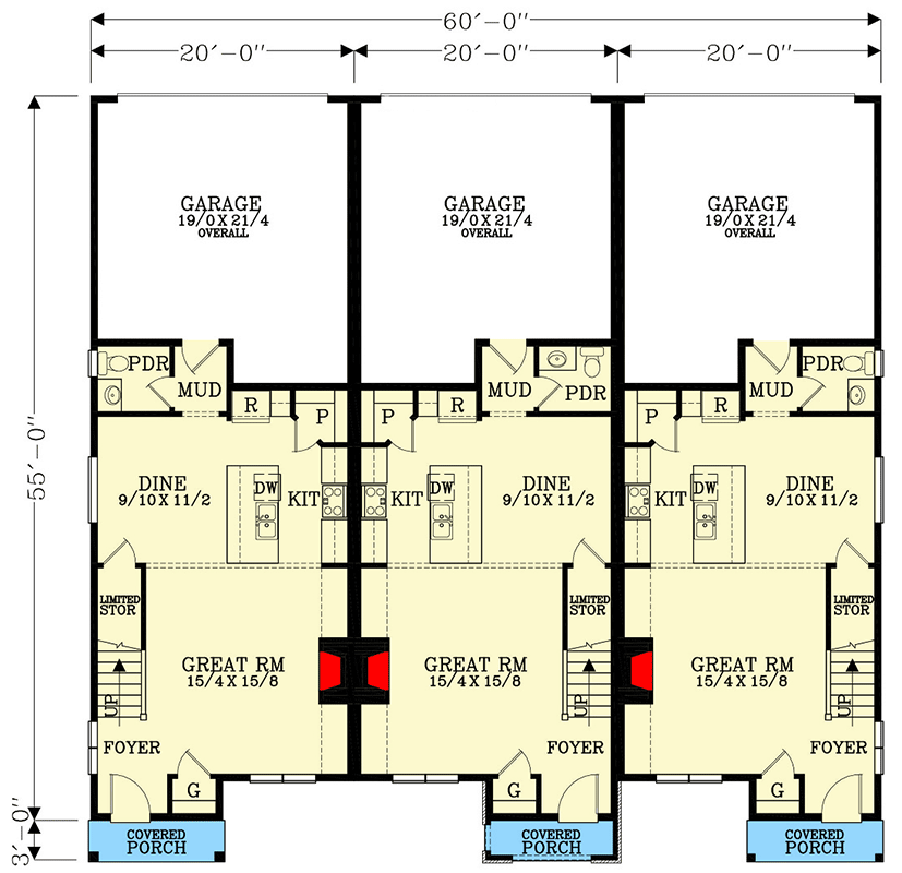 Plan 28152J: Triplex House Plan with Matching 3-Bedroom 2 Bath Room 1692 Sq Ft Units  - Floor Plan - Main Level - Craftsman, Northwest