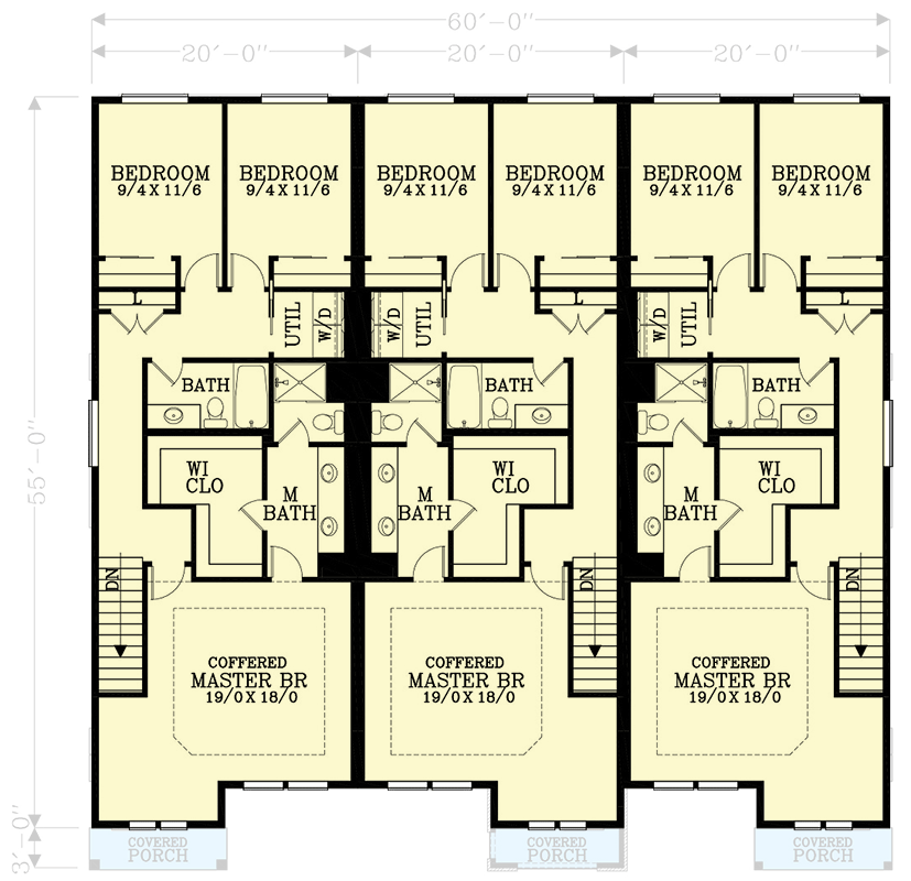 Plan 28152J: Triplex House Plan with Matching 3-Bedroom 2 Bath Room 1692 Sq Ft Units  - Floor Plan - 2nd Floor - Craftsman, Northwest