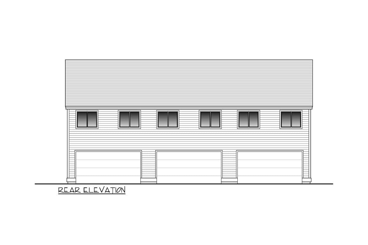 Rear elevation drawing of a two-story house plan with three garage doors on the first level and six windows on the second.