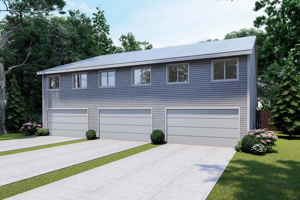 Two-story house plan exterior with three garage bays on the main level and six windows on the second level.