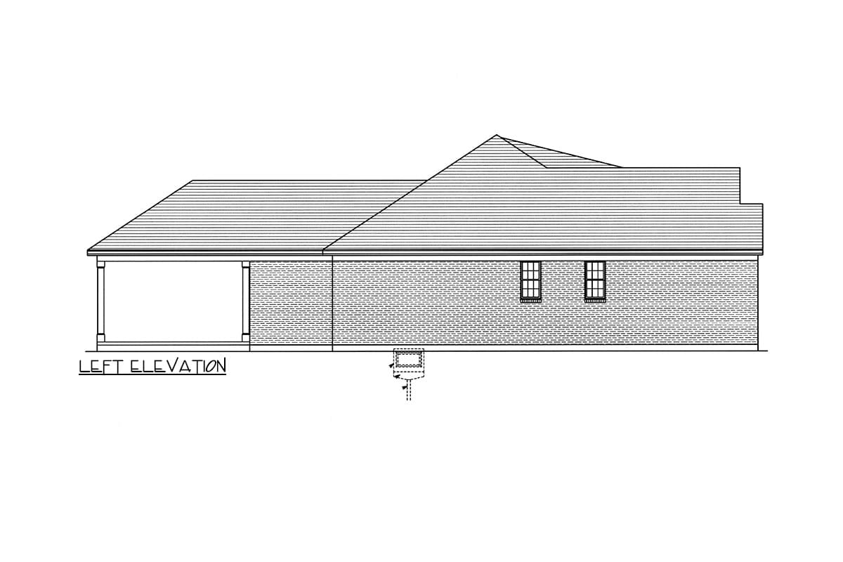 Left elevation drawing of a one-story house plan with brick exterior, gabled roof, and covered porch.