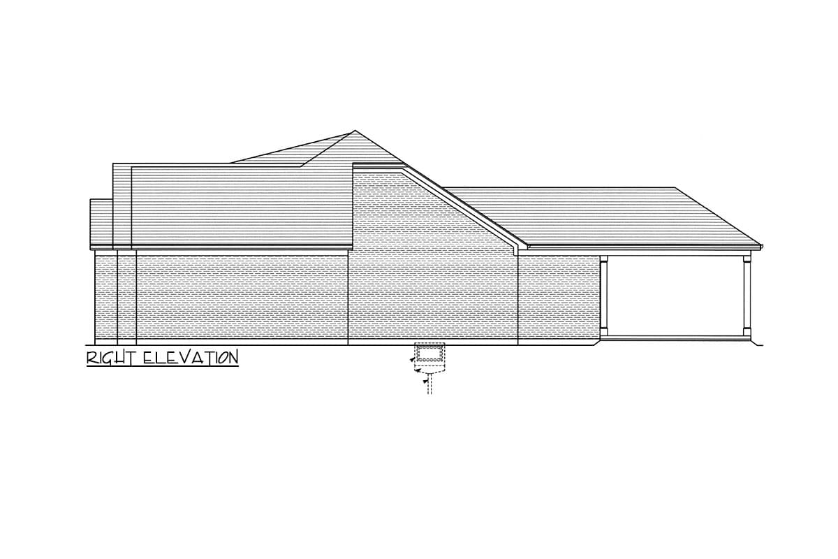 Right elevation drawing of a house plan with brick facade, layered rooflines, and covered porch area.