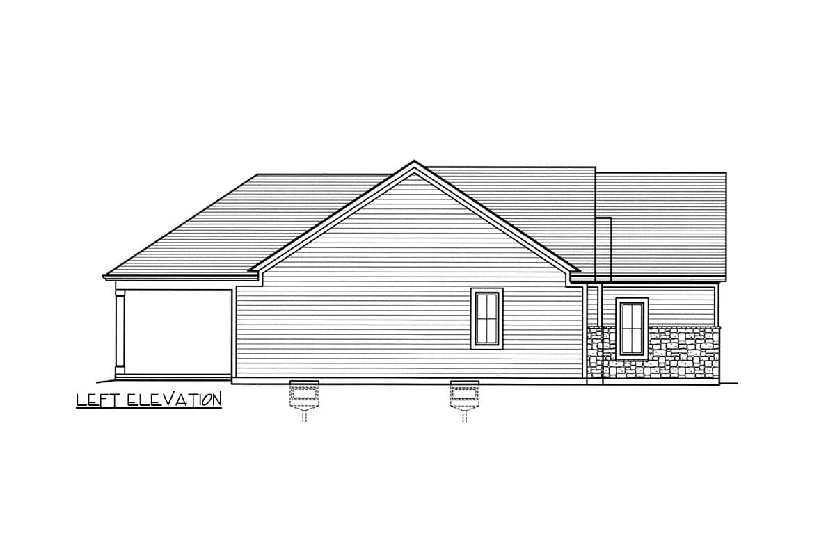 Left elevation of a house plan showing horizontal siding, a gabled roof, a covered porch, and stone veneer base.