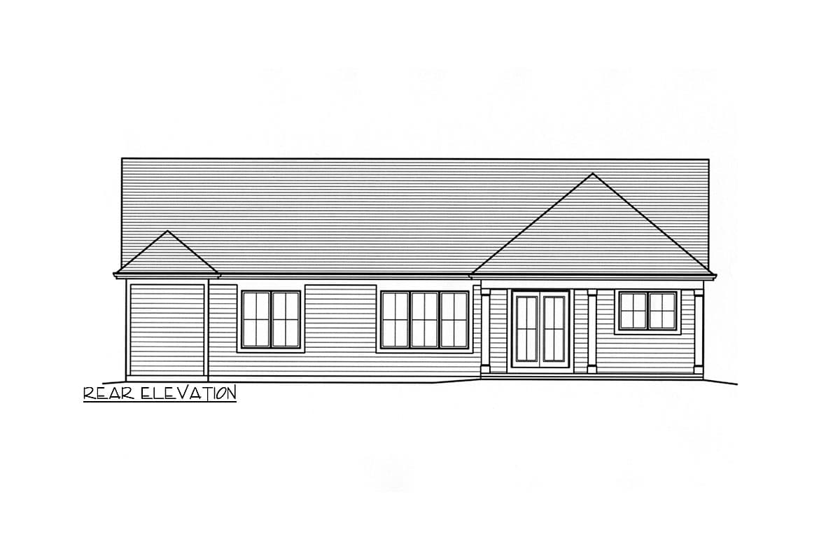 Rear elevation drawing of a house plan featuring a garage, several windows, and double doors.