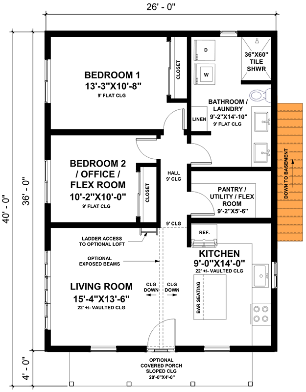 Plan 420124WNT: 1 or 2-Bed Modern Farmhouse ADU Cottage with Loft and Open Living Space - Floor Plan - Main Level - Basement Foundation Option Stairs - Cottage, Country, Farmhouse, Modern Farmhouse, Traditional
