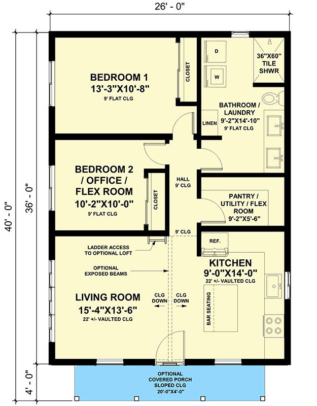 Plan 420124WNT: 1 or 2-Bed Modern Farmhouse ADU Cottage with Loft and Open Living Space - Floor Plan - Main Level - Cottage, Country, Farmhouse, Modern Farmhouse, Traditional