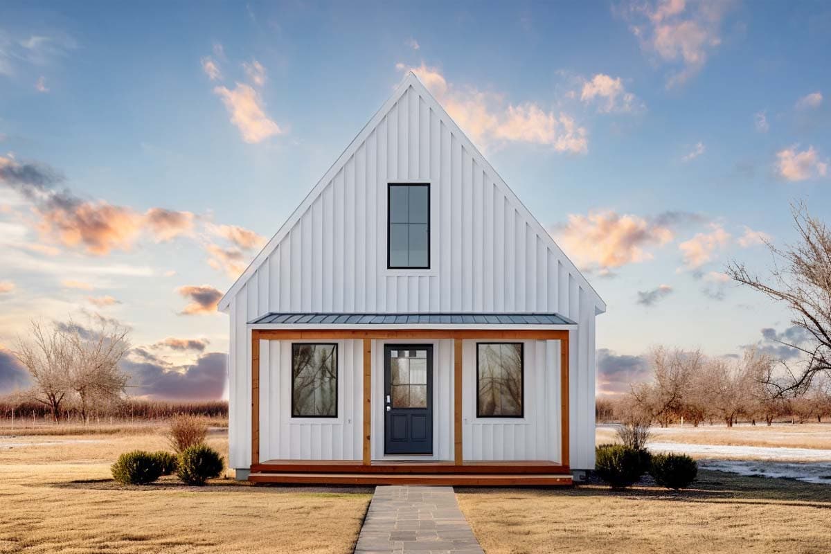 House plan exterior view, Modern Farmhouse style. Features include gabled roof, covered porch, and a single story. Vertical siding and dark door.