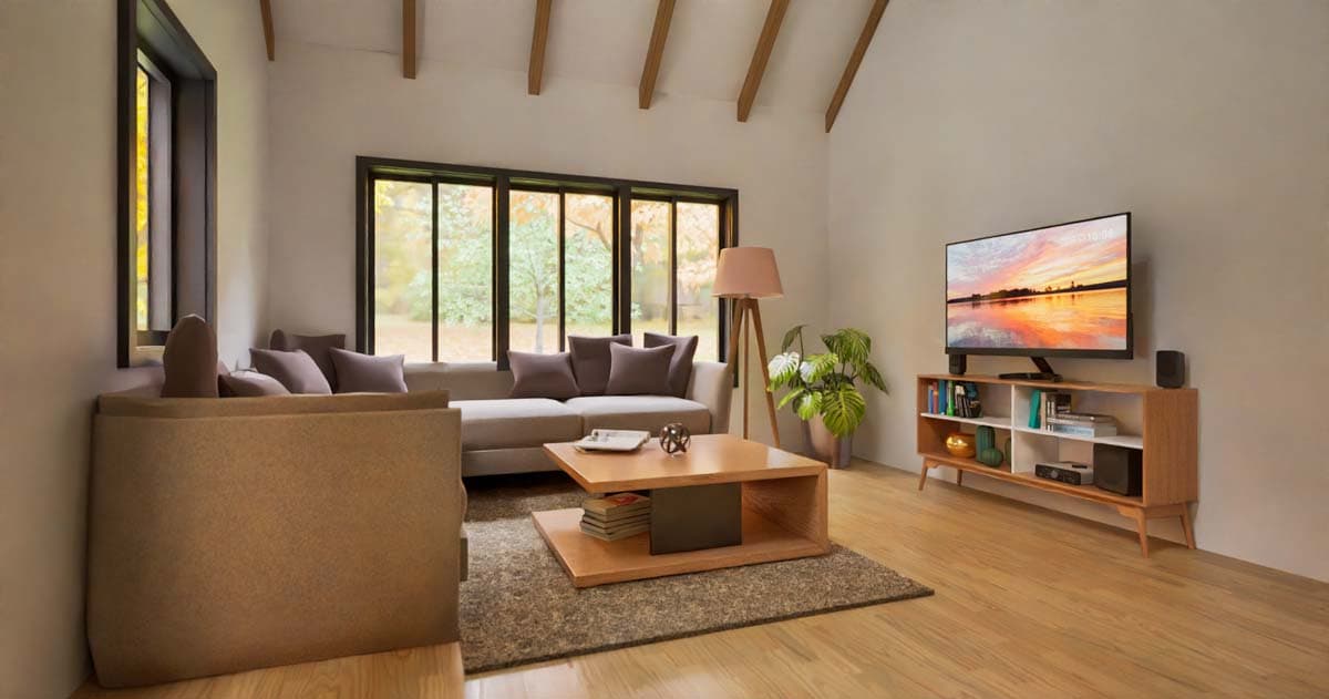 Living room with vaulted ceiling, exposed beams, large windows overlooking trees, and a television.
