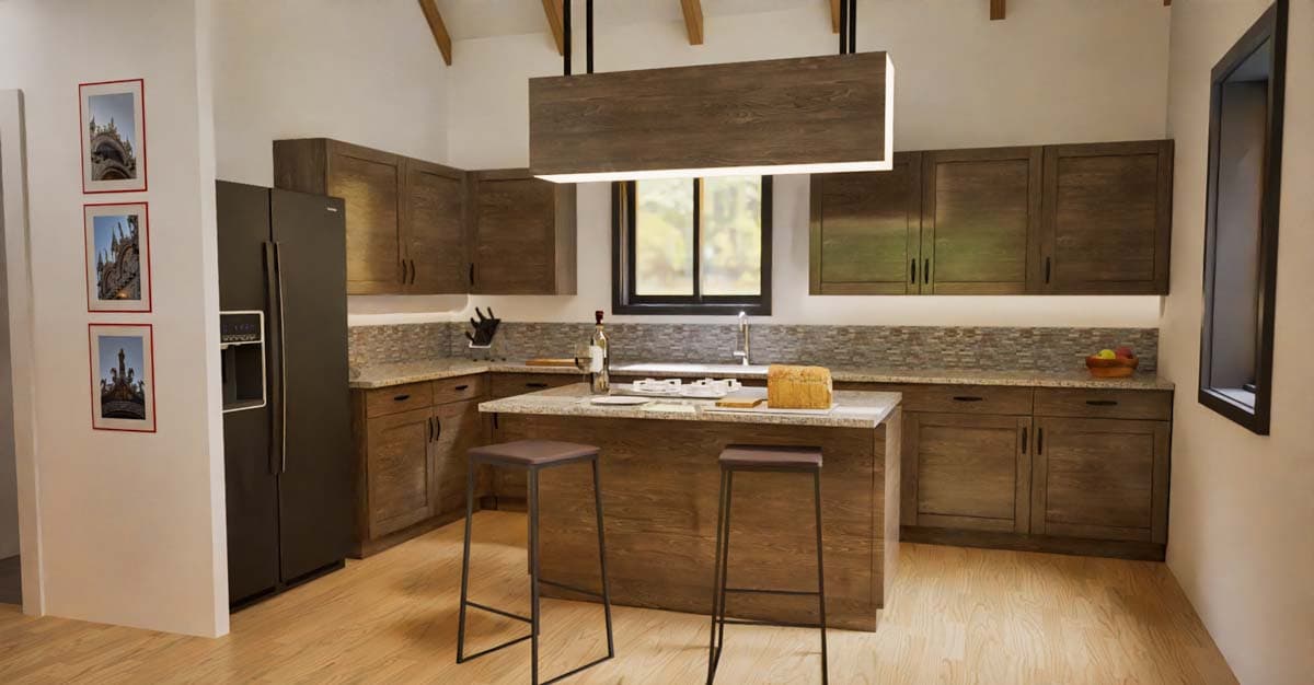 Kitchen with wood cabinets, granite countertops, island with bar stools, and a large pendant light.