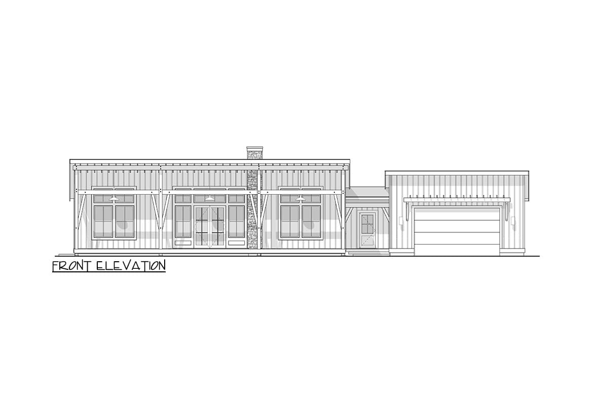 Front elevation drawing of a single-story house plan with a stone chimney, large windows, double doors, and an attached two-car garage.