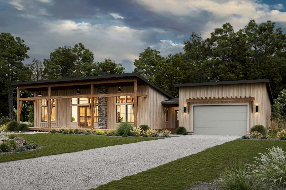 House plan exterior with wood siding and exposed beams. Features include a front porch, stone accent wall, and attached garage with pergola.