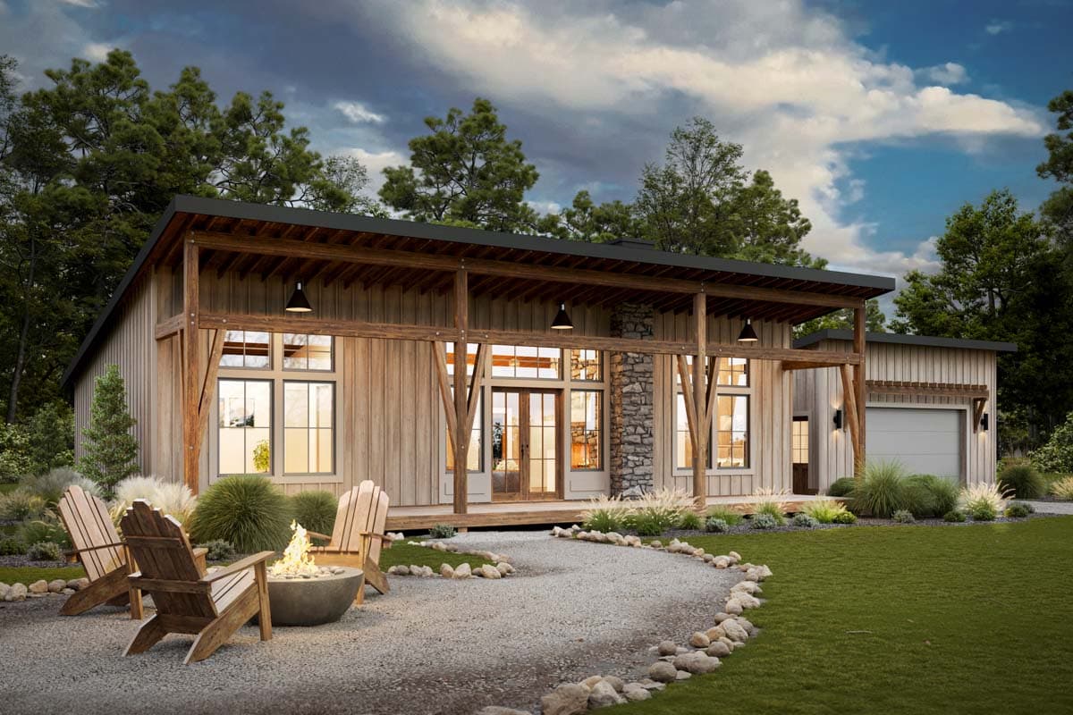 Modern ranch house plan exterior with board and batten siding, a covered porch, large windows, and attached garage.